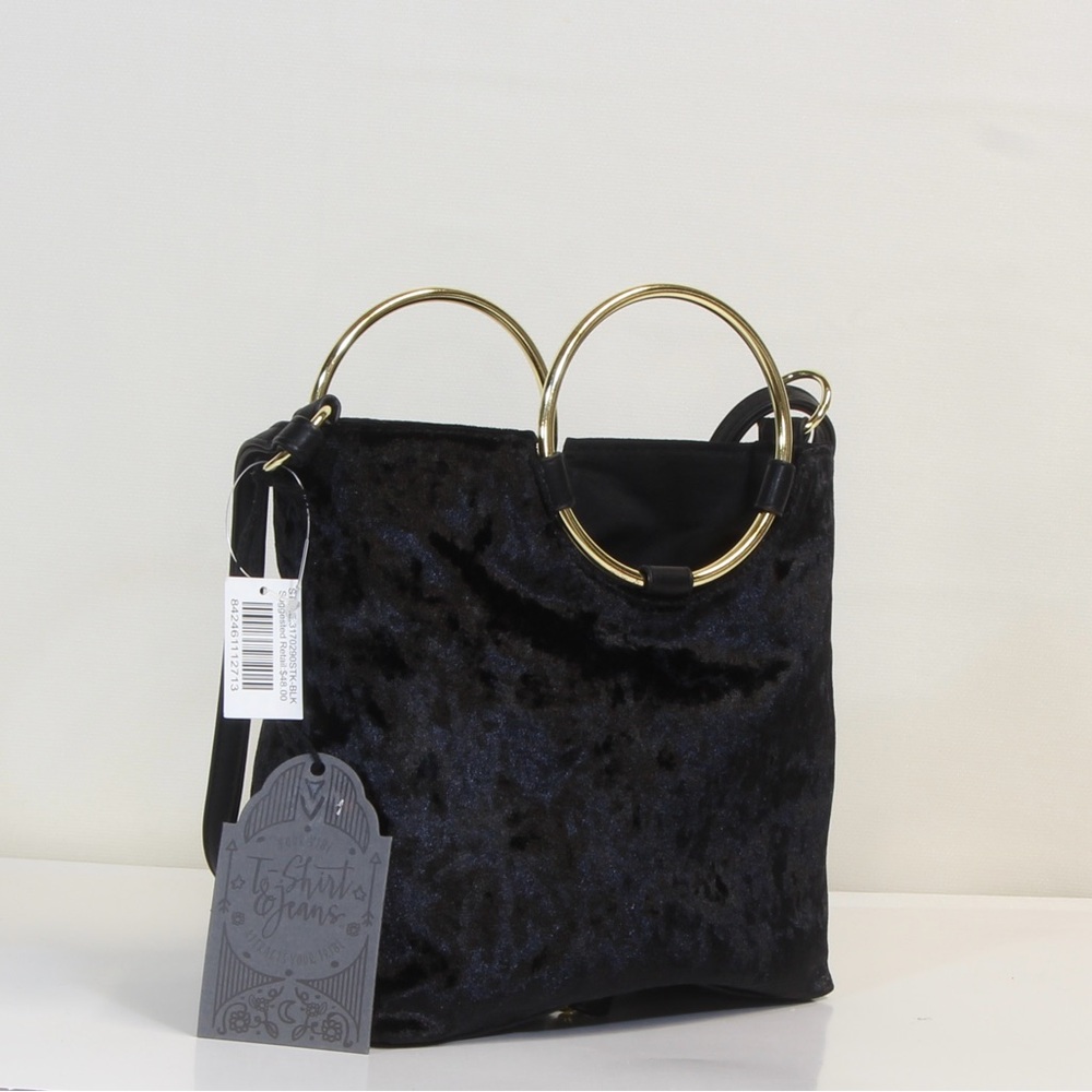 T-shirt and Jeans Black Velvet Handbag with Handle Gold Accents